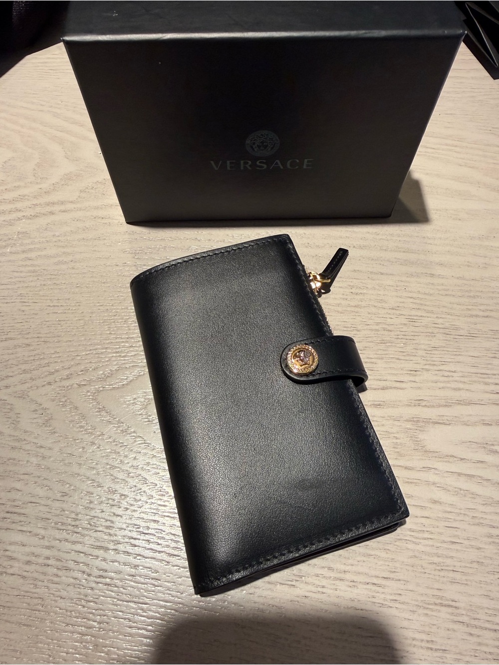 Versace Black Leather Continental Wallet with Gold Medusa Snap